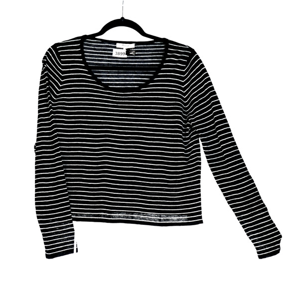 Madewell Knit Top Womens Medium Black White Stripe Sheer Cropped Linen Blend - Picture 1 of 8